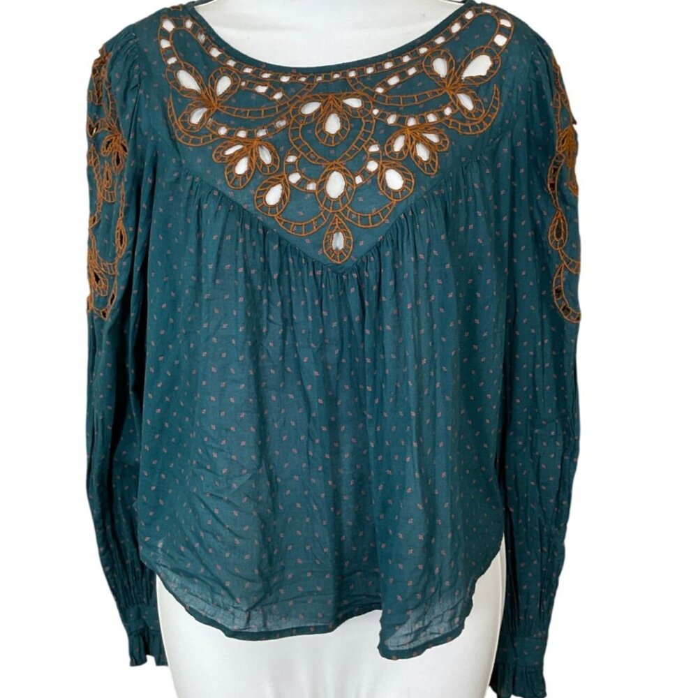Free People Everything I Know LS Dark Teal & Rust Embroidery Peasant Top Small